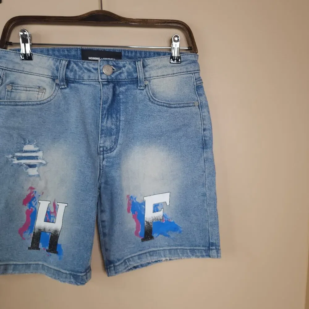 Homme + Femme Hand Paint Logo Distressed Denim Jean Shorts With Rips Size 30